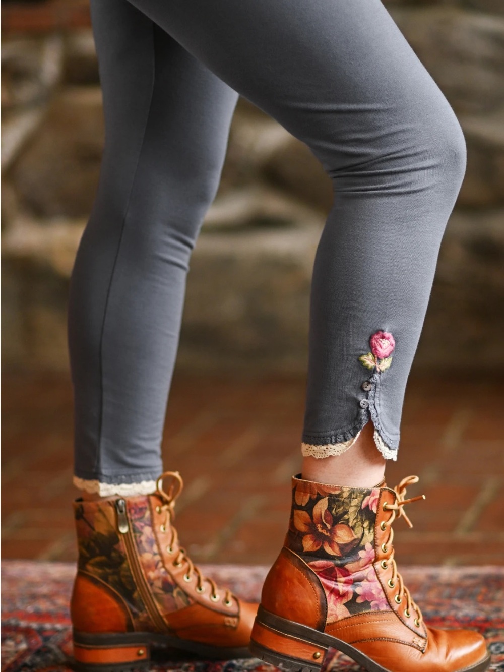 April Cornell Oh My Darling Embroidered Floral Leggings Lace Trim Large Boho
